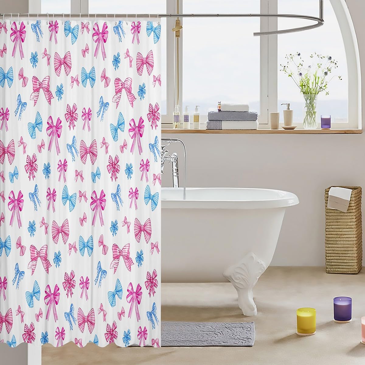 Feelyou Pink Blue Bow Bathroom Accessories Cute Bowknot Shower Curtain for Bathroom Decor 72"x78" Kawaii Bath Curtain for Kids Boys Girls Princess Decor