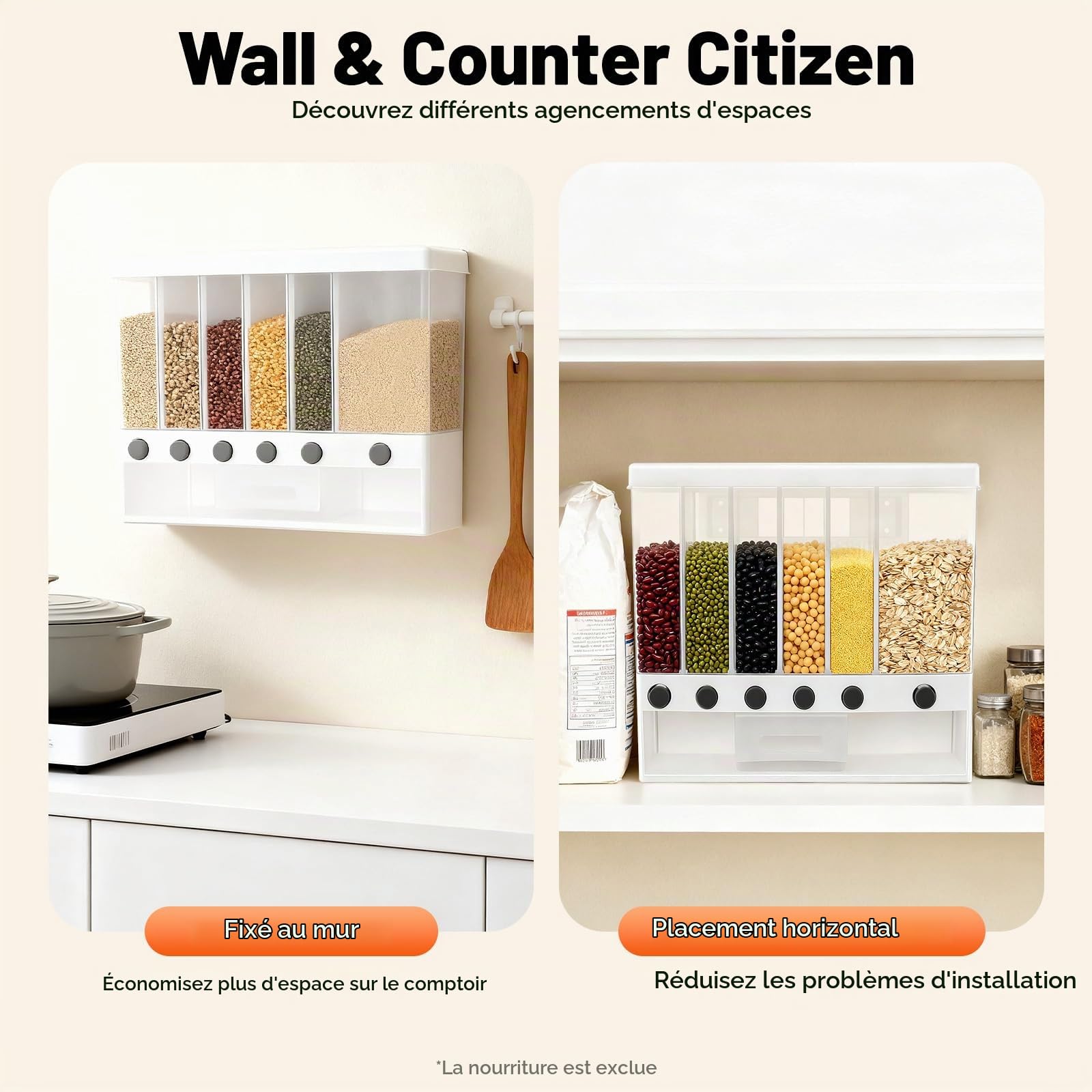 Distributeur Céréales 6 Compartiments Réservoir Alimentaire à Grains Secs avec Tasse Boîte de Rangement pour Cuisines Stockage Hermétique pour Salles à Manger, Garde-manger