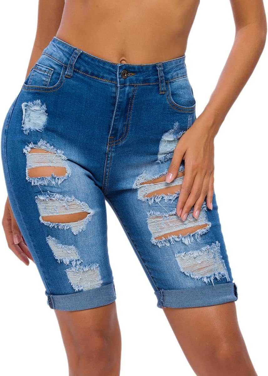 olrain Womens High Waist Ripped Hole Washed Distressed Short Jeans - Image 5