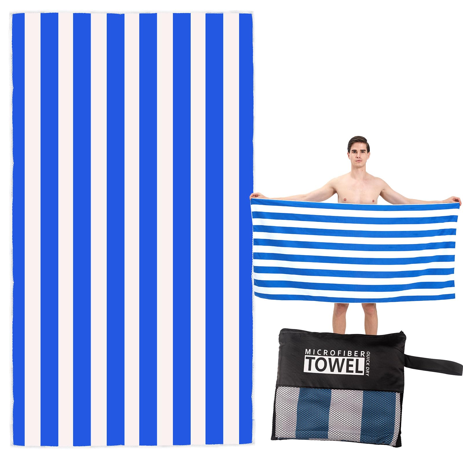 Large Quick Dry Microfibre Beach Towel 160x90cm, Double Sided Blue & White Striped Lightweight Travel Towel with Carry Bag, Compact Fast Drying Gym Yoga Sports Swimming Towel for Adults, Women & Men
