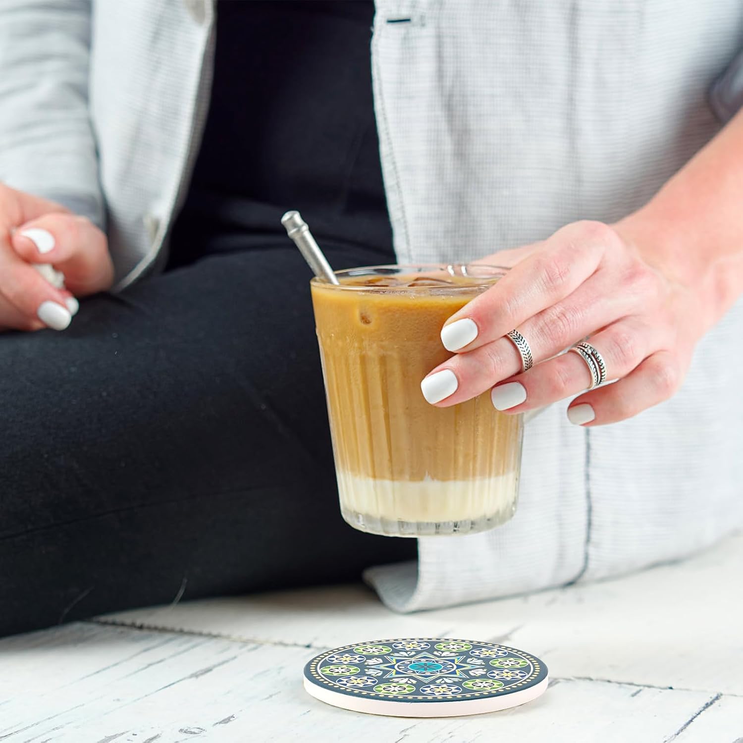 ドリンクコースター 6枚セット 吸収ストーン 曼荼羅セラミックコースター ドリンク用 コルクベース ブラックホルダー付き コーヒーテ