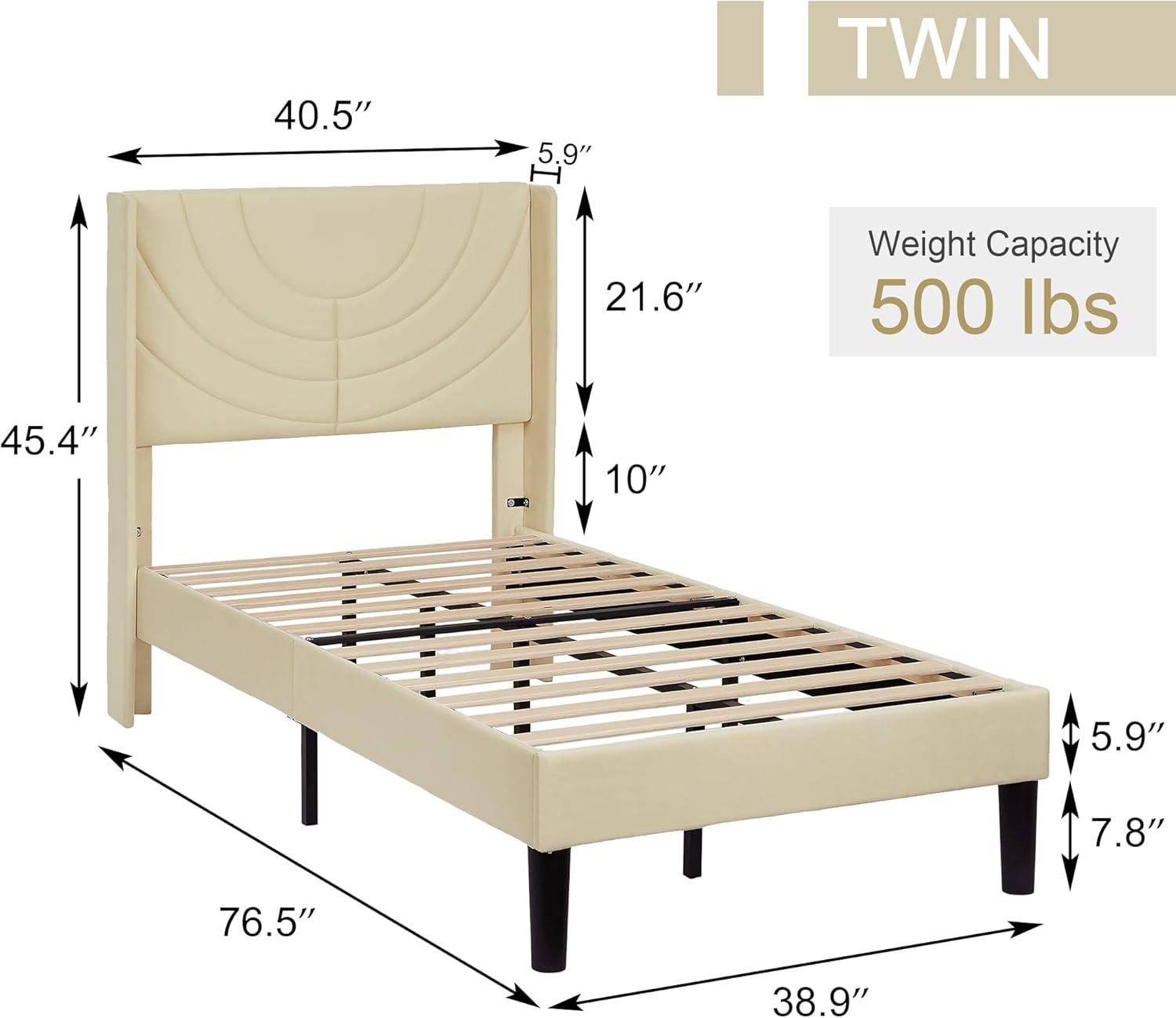 VECELO Twin Size Upholstered Platform Bed Frame with Fabric Headboard,Wooden Slats Support/No Box Spring Needed/Mattress Foundation,Beige - Image 2