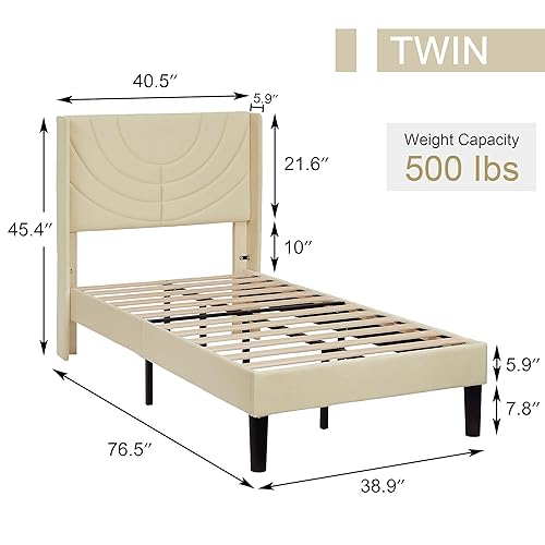 Miniatura 28 de VECELO Base de cama tamaño matrimonial tapizada con cabecera de tela, soporte de listones de madera, no necesita somier, base de colchón, color