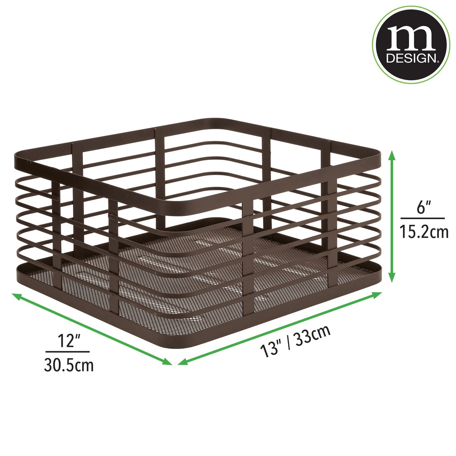 mDesign Kosz metalowy do kuchni i spiżarni – Nowoczesna i poręczna skrzynka metalowa na produkty żywnościowe – Wielofunkcyjny koszyk druciany odporny na rdzę – 3-pack – Brązowy