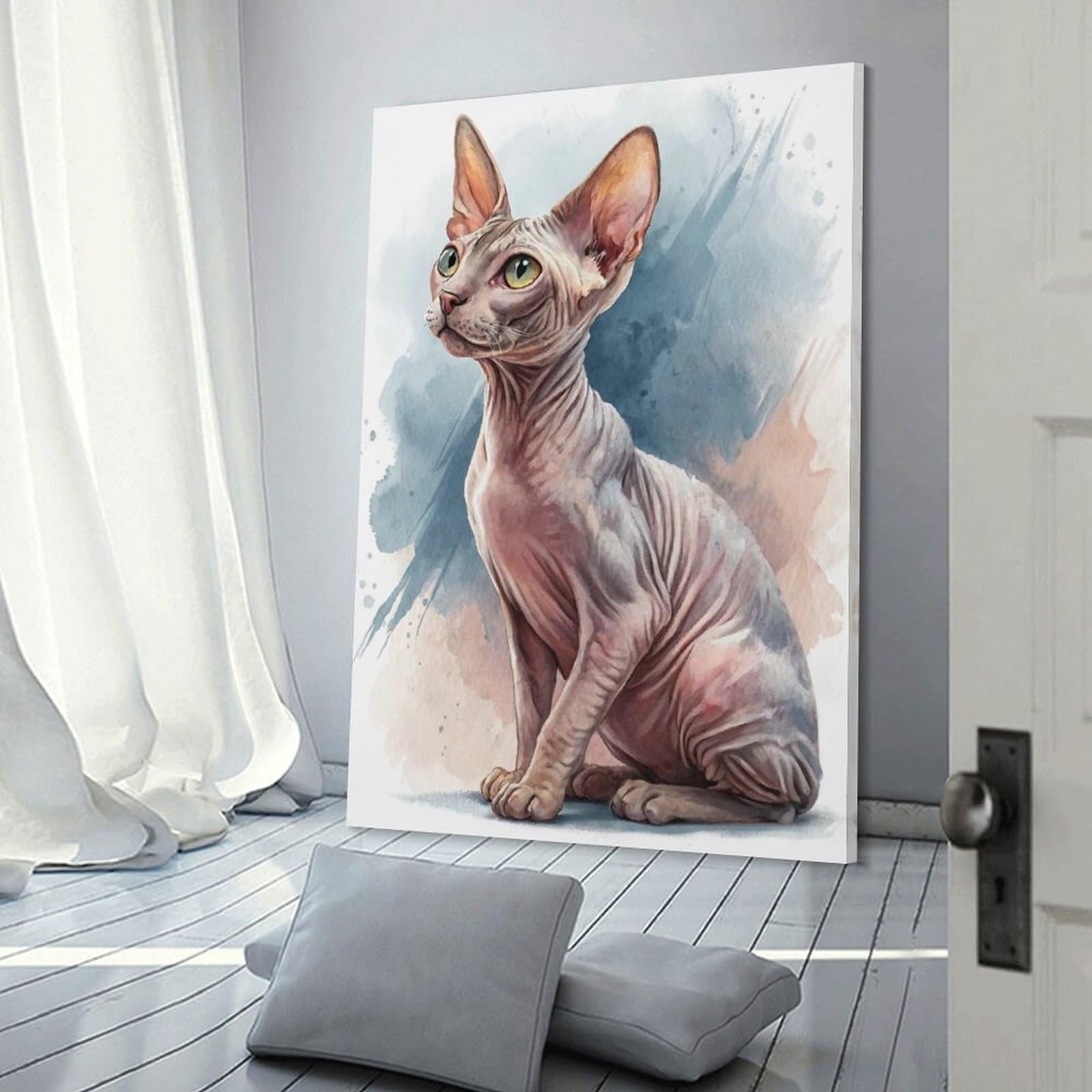 Junmoney Watercolor Sphynx Cat Portrait Hanging Wall Art 12x18inch(30x45cm), for Small Homes, Bedrooms Or Open Spaces, An Easy Choice for New Home Styling