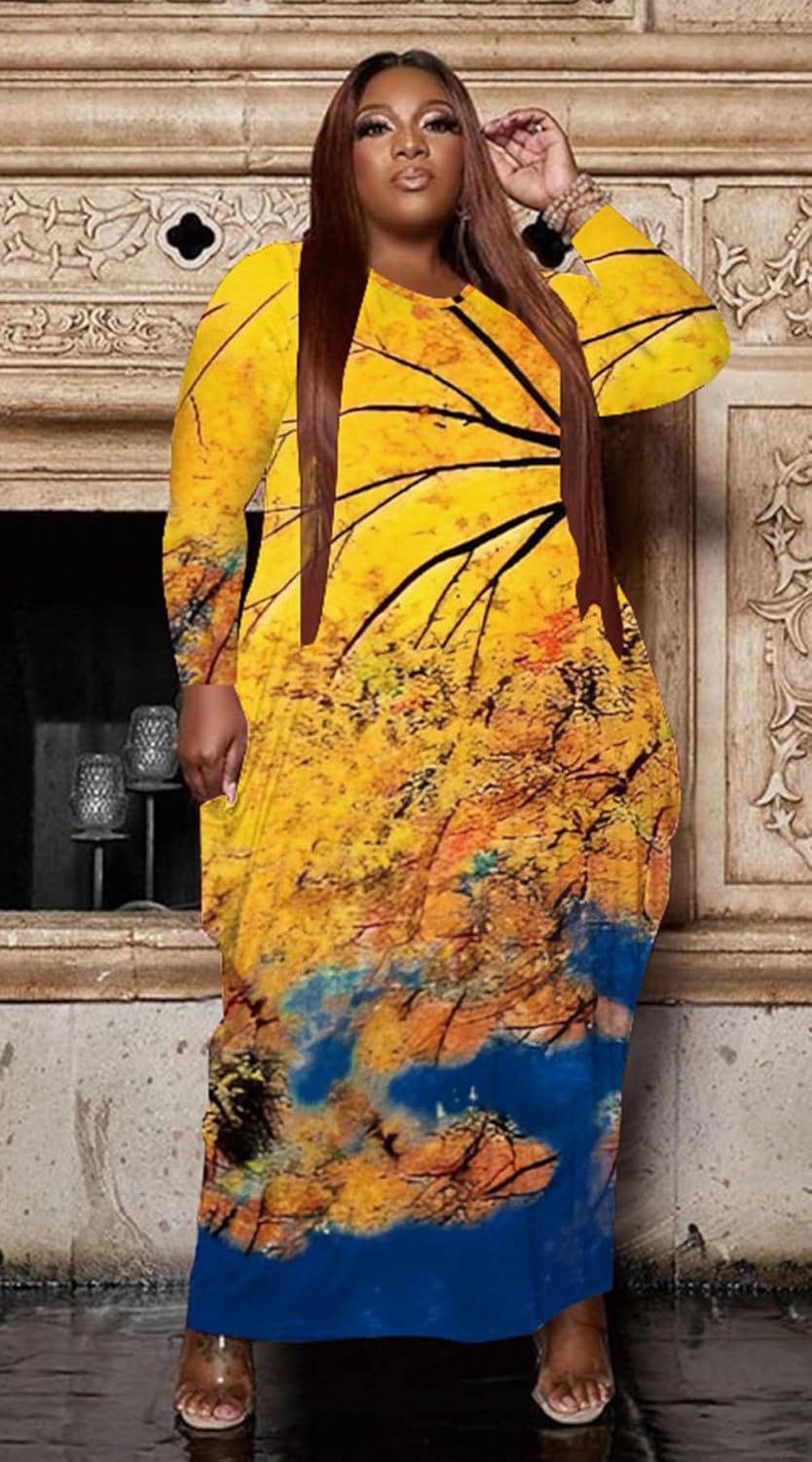 Women’s Casual Loose Plus Size Maxi Dress Graphic Print Long Sleeve Baggy Long T-Shirt Tunic Dress with Pockets - Image 2