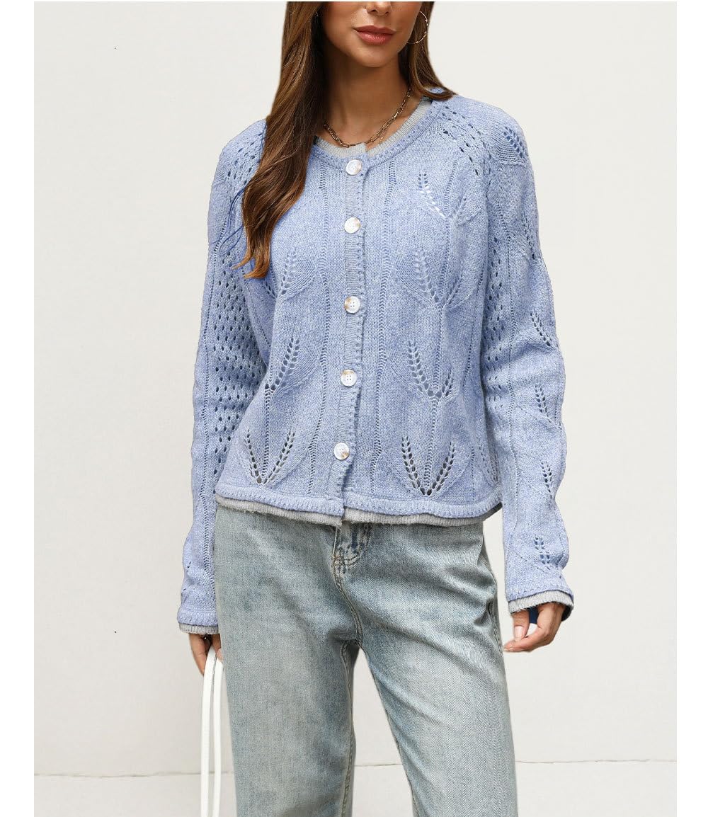 Cardigan Da Donna In Maglia Traforata Leggero Girocollo con Bottoni Sul Davanti Maniche Lunghe Giacca In Maglia Cardigan Casual Ampio Giacca Di Transizione per Ufficio E Abbigliamento Quotidiano