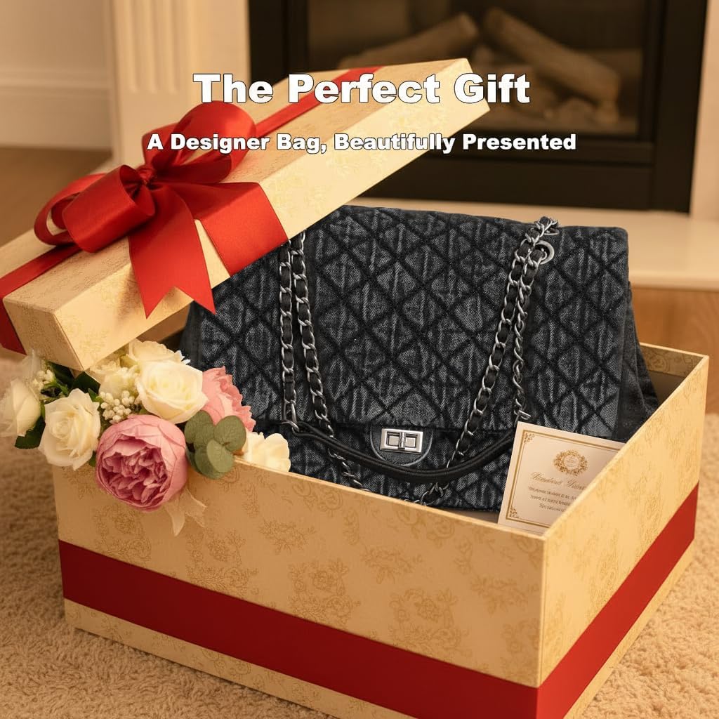 Quilted Denim Purse for Women, Large Capacity Vintage College Style Shoulder Bag Denim Tote Bag, Chain Crossbody Bag - Image 9