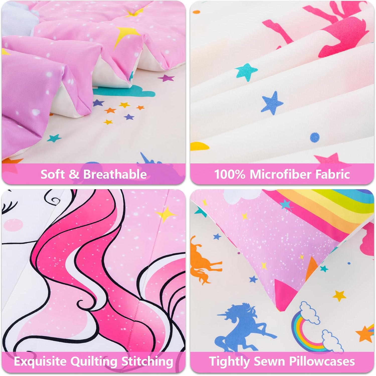Unicorn Twin Bedding Sets for Girls Kids Teens, 6 Piece Bed in a Bag Purple Rainbow Theme Unicorn Comforter Set Bedroom Decor with Printed Sheet Set