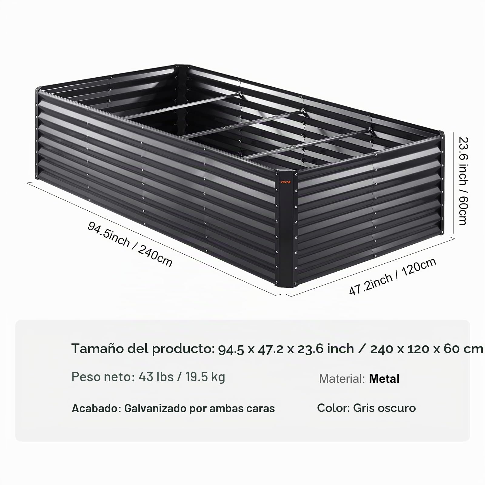 VEVOR Cama Elevada de Jardín 240 x 120 x 60 cm Jardinería Elevada de Metal Galvanizado para Cultivo de Flores Plantas Hierbas Huerto Urbano para Jardín Terraza Patio Balcón Gris Oscuro con Accesorios