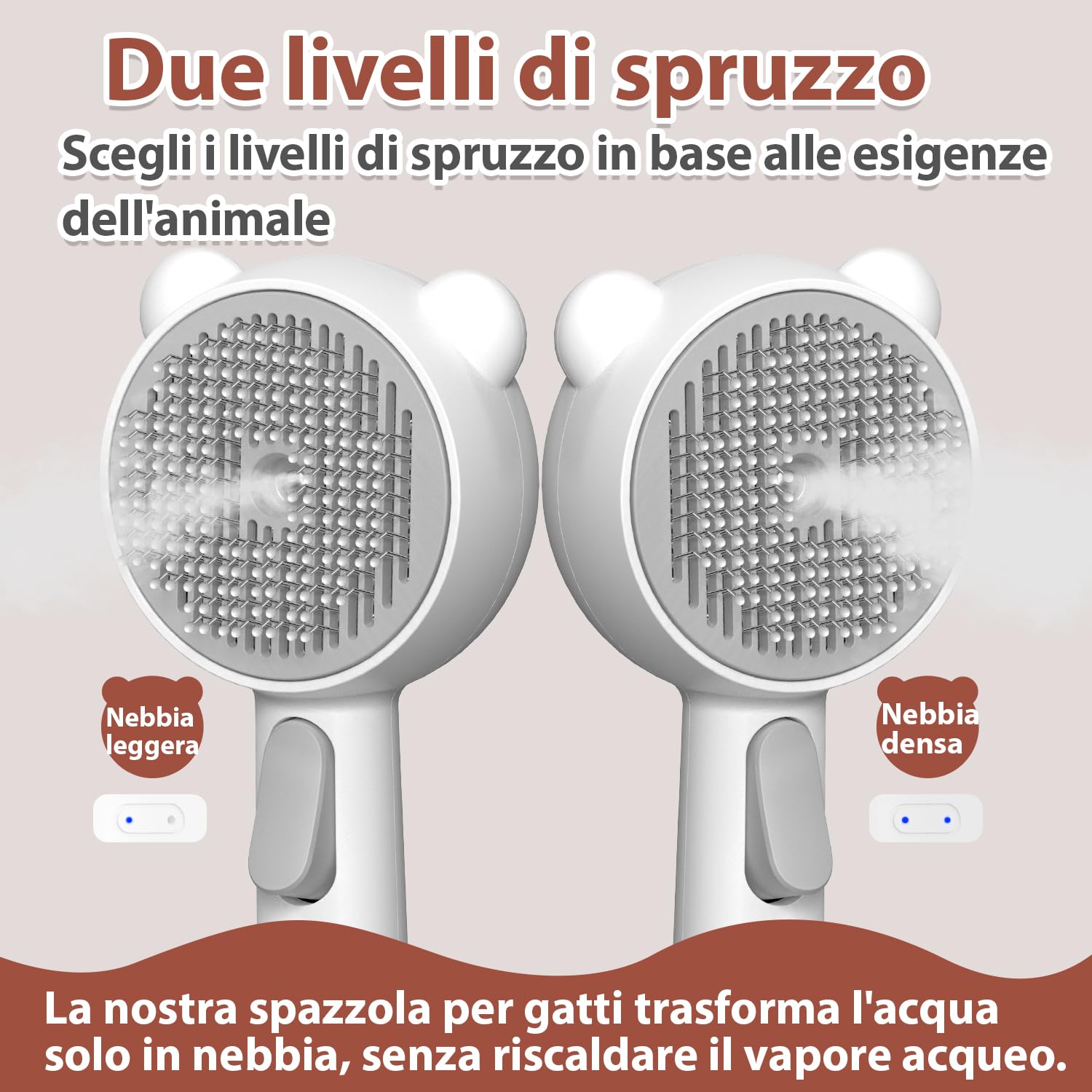 Spazzola a Vapore per Gatti con 2 Livelli di Spruzzo e Pulsante di Rilascio, 4 in 1 Impermeabile IPX7 Spazzola Animali per la Toelettatura per la Muta, Pettine per Gatti e Cani a Pelo Lungo e Corto