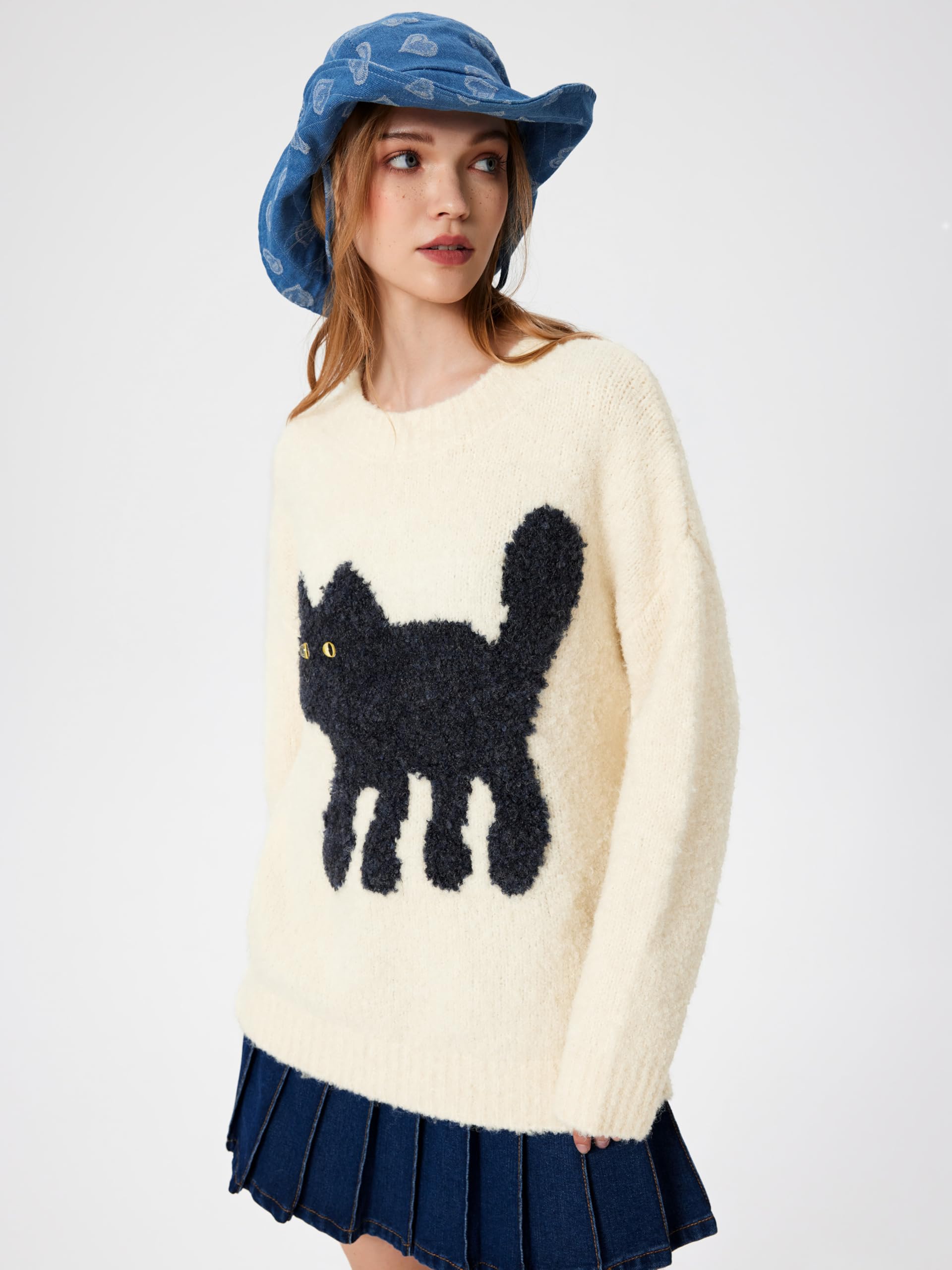 CIDER Damen-Katzen-Pullover, langärmelig, Rundhalsausschnitt, lustig, grafisch, niedlich, gemustert, grober Pullover | Oversized, Long Sleeve, Crewneck Sweater, Fall Winter Outfits