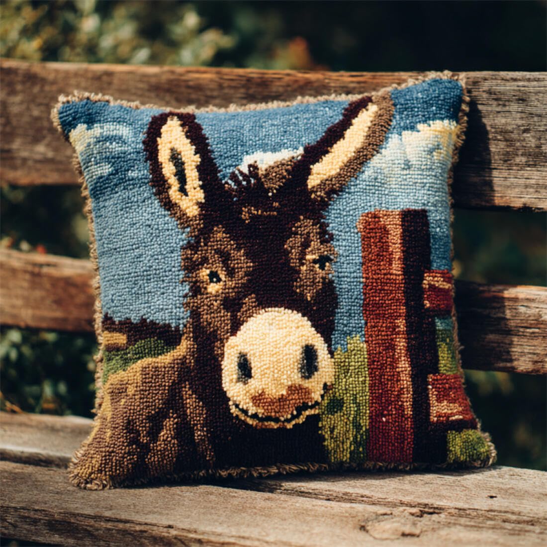 Kitquiver Animal Latch Hook Cushion Kits Cartoon Donkey DIY Latch Hook Rug Kit for Beginners Embroidery Cushion Canvasfor Adult Beginners 17x17In