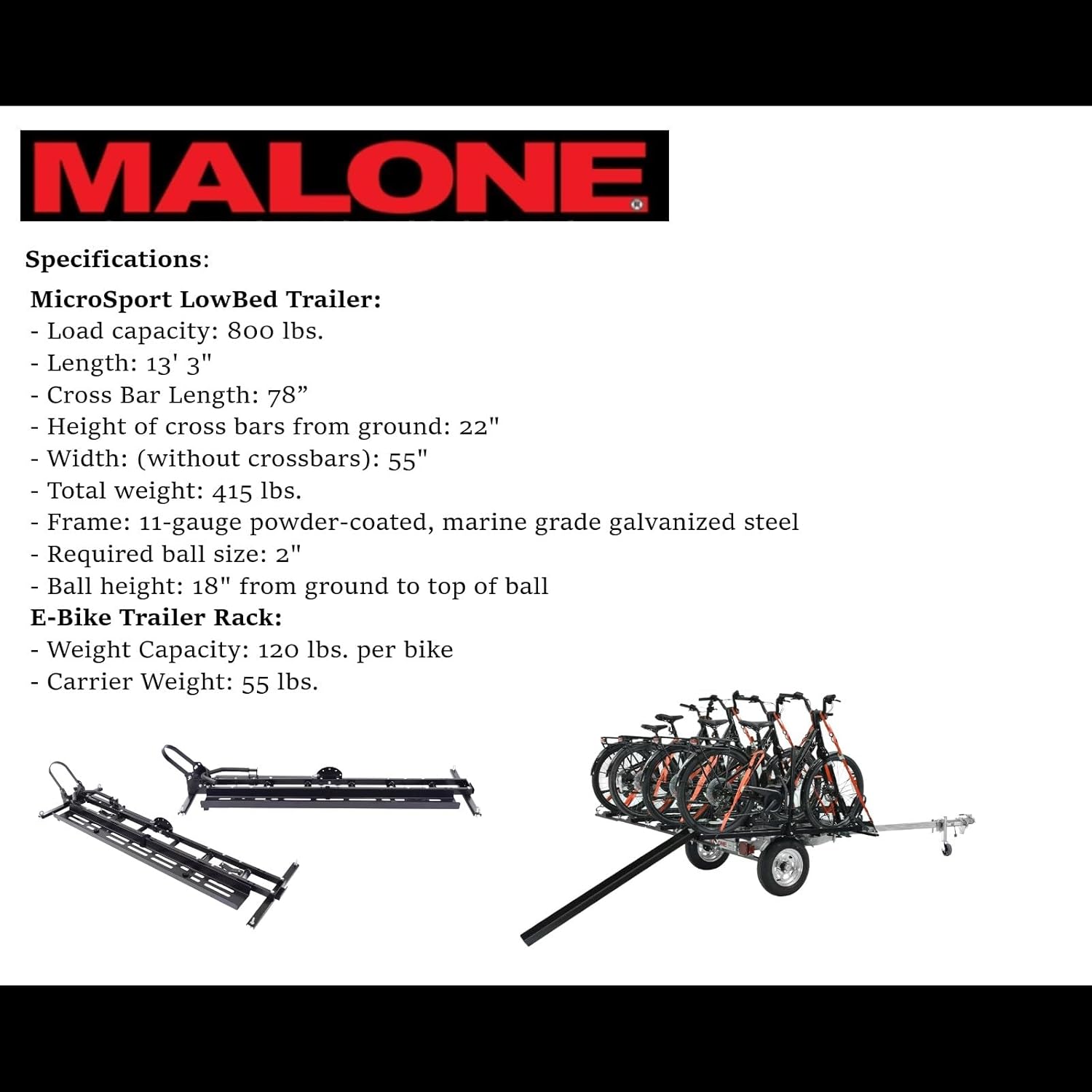 Malone MPG464-B4 MicroSport LowBed 4 Bike Trailer with 4 E-Bike Carriers & Spare Tire | 800 lbs Load Capacity | 20"-29" Wheels with up to 5" Wide Tires | 22" Crossbar to Ground Clearance