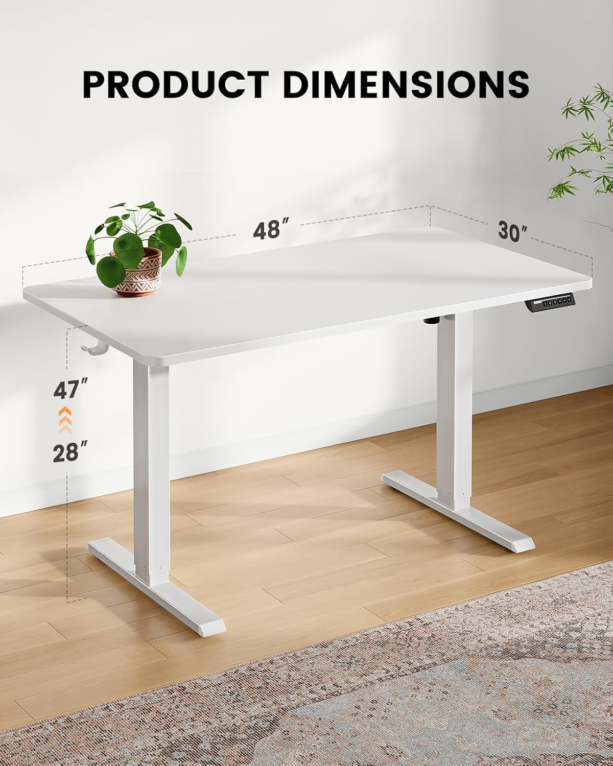 Diagram showing the product dimensions of the ErGear standing desk: 48 inches wide, 30 inches deep, and adjustable height from 28 to 47 inches.
