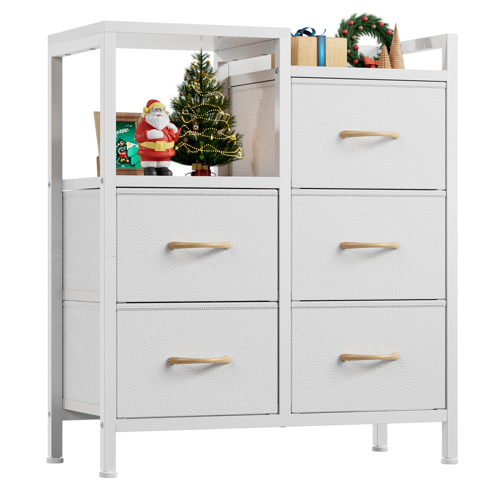Furnulem 5 Drawer White Dressers for Bedroom 2 Tier Shelf Storage Small Fabric Dresser for Closet Sturdy Metal Frame Modern Style Storage Cabinets Organization Units for Hallway Rooms