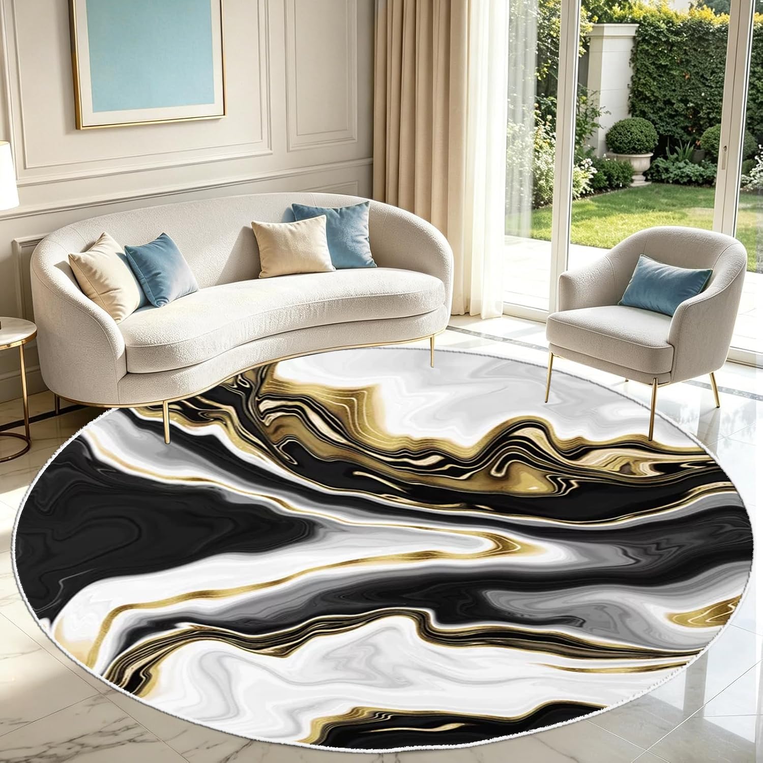 PDENZG White Black and Grey Gold Round Marble Print Rug,200cmModern Luxury Fluid Agate Geode Art Abstract Area Rug, Washable Non-Slip Grey and Gold Rugs, For Bedroom Dining Room Circle Carpet