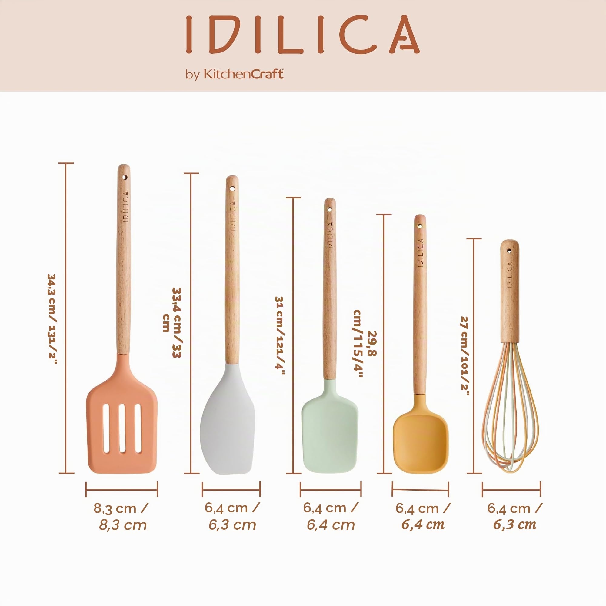 KitchenCraft Idilica Silicone Tool Set, 5pc Cooking Utensil Set with FSC Beechwood Handles, Multi-Colour Kitchen Tools