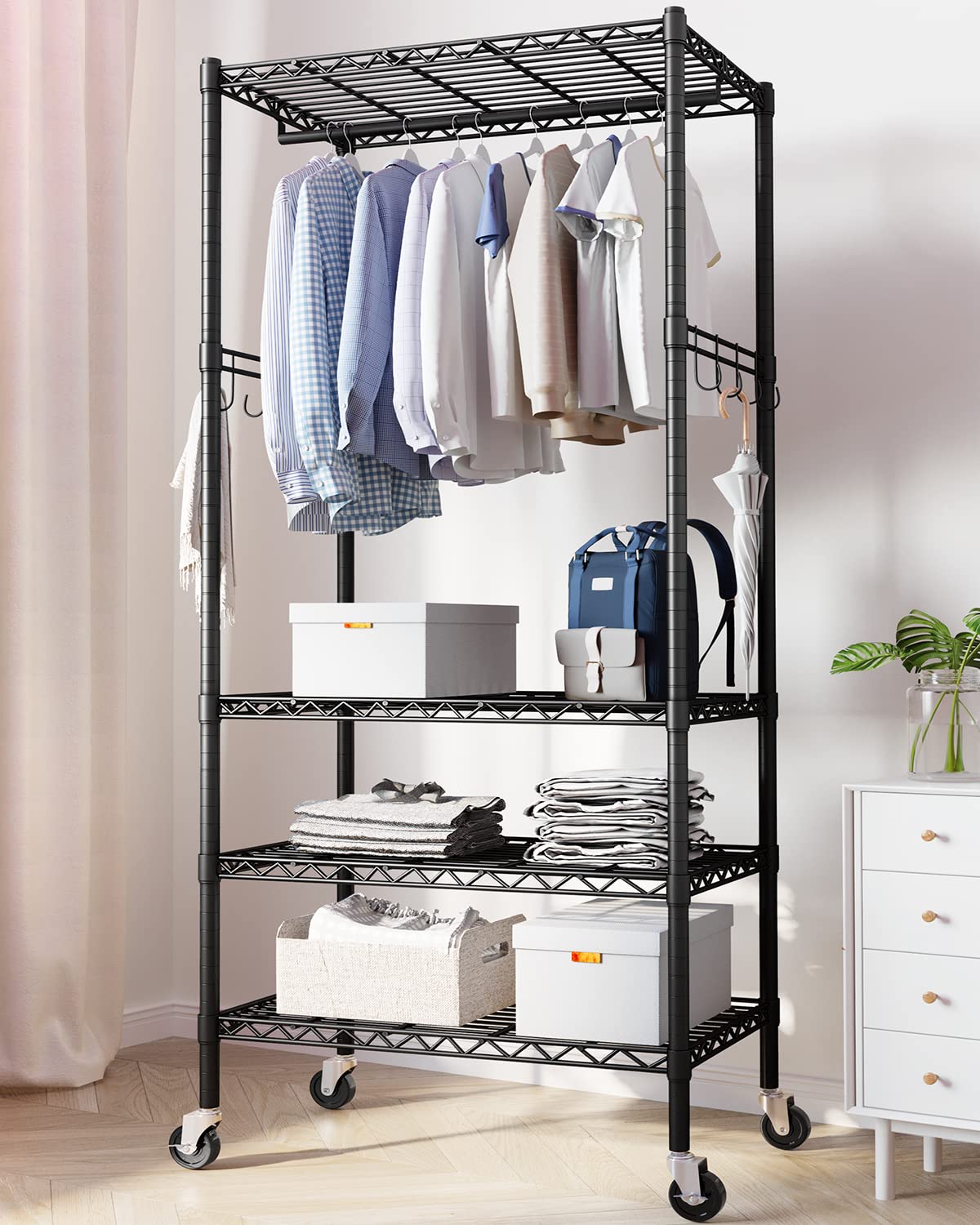Photo 1 of HOKEEPER Heavy Duty Rolling Wire Garment Rack Clothes Rack with Wheels and Hooks, Adjustable Clothing Rack with 4 Tier Shelves, Portable Freestanding Closet Rack for Hanging Clothes, Max Load 725LBS 4 Shelves