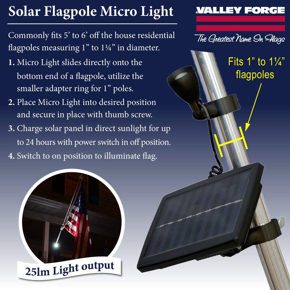 Micro Solar Light – Black – LED Flagpole Light – Up to 8 Hours of Illumination – Adjustable Mounting Options - Bright and Durable - Built to Withstand the Outdoors and Weather – By Valley Forge Flag