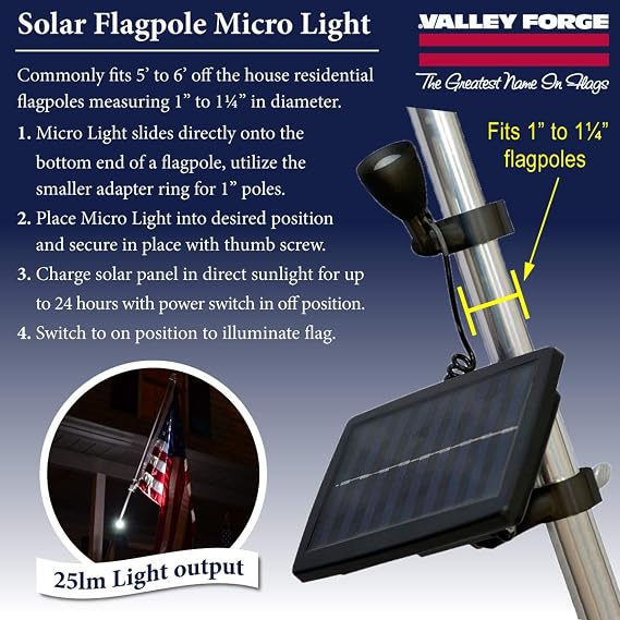 Micro Solar Light Black LED Flagpole Light Up to 8 Hours of Illumination Adjustable Mounting Options - Bright and Durable - Built to Withstand the Outdoors and Weather By Valley Forge Flag