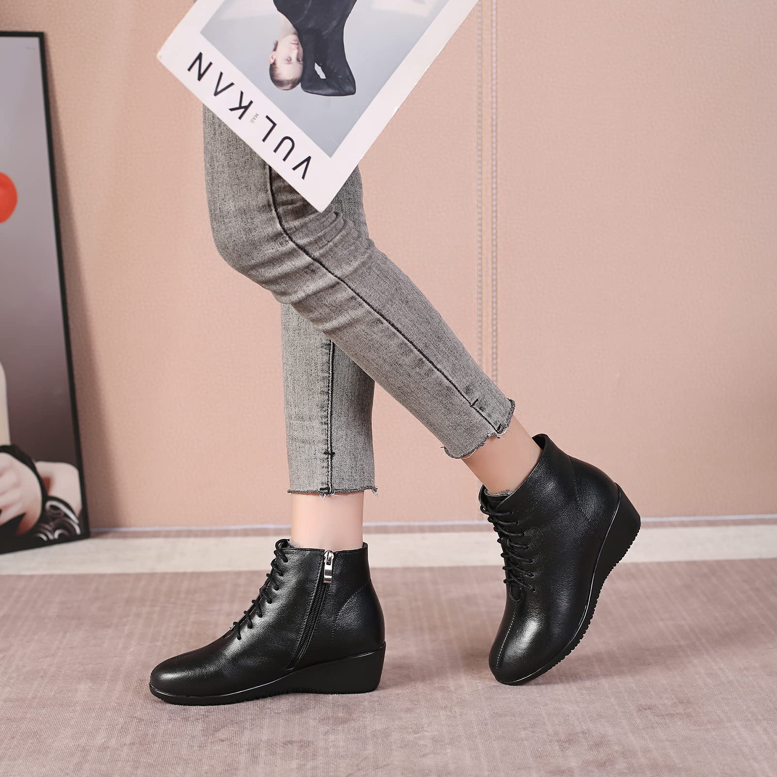 Mujer Moda Piel Genuina Botas Cuña con Cordones Botines de Invierno con Forro de Cuero/Forro de Felpa Caliente