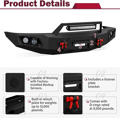 Miniatura 4 de YZONA Parachoques delanteros y traseros compatibles con Dodge Ram 1500 2019-2023 (excluyendo Ram 1500 Classic) con placa de cabrestante, armadura