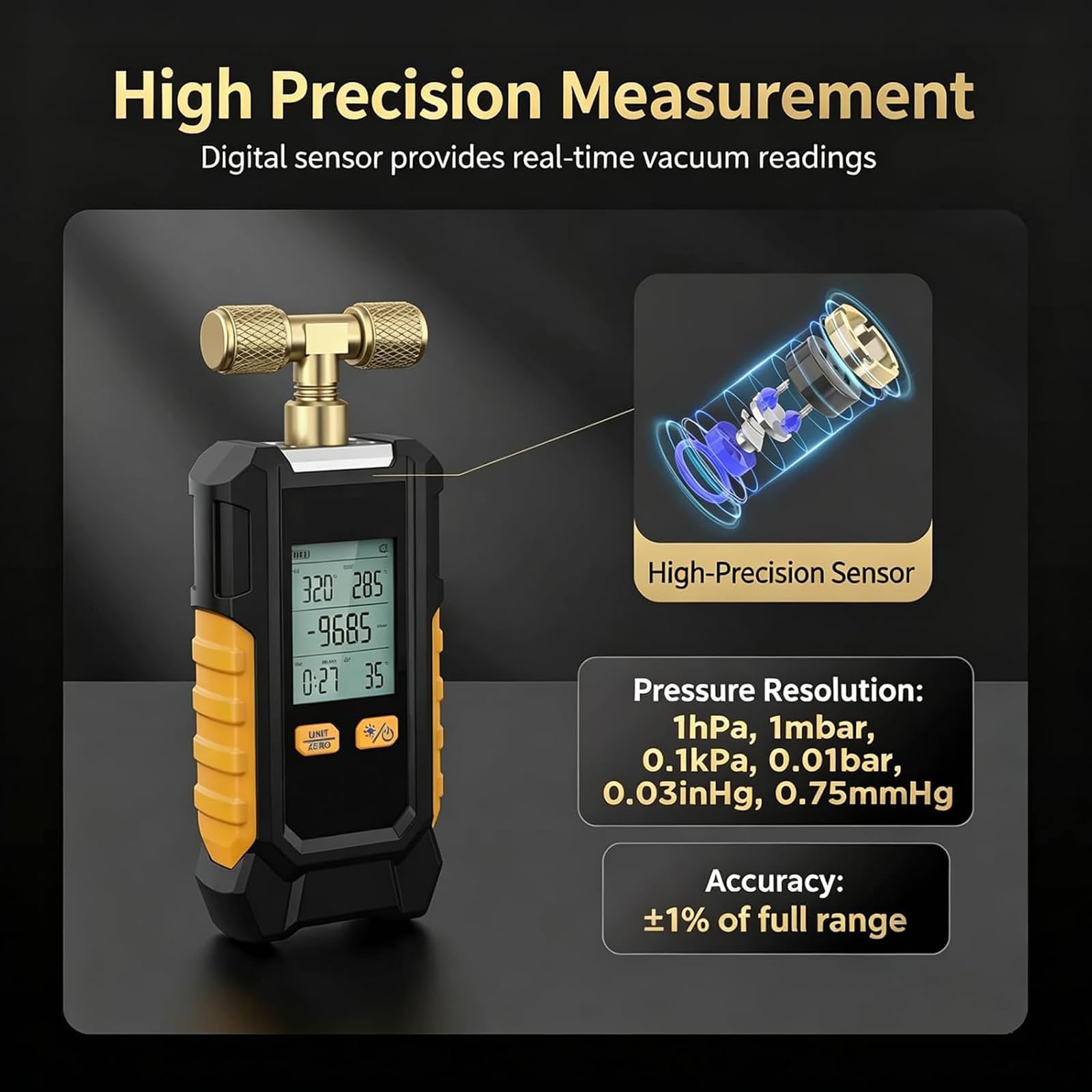 Manómetro De Vacío Digital, Detector De Fugas con Calibración Automática, con 6 Unidades Conmutables, Precisión De ±0,1%, con Pantalla LCD Retroiluminada, Herramienta De Diagnóstico HVAC