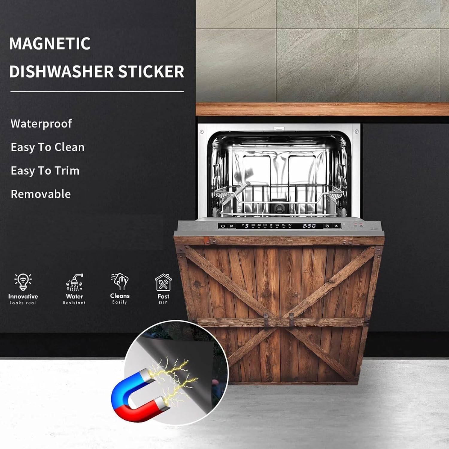 Vintage Barn Door Dishwasher Magnet Cover for The Front, Wooden Door Magnet Refrigerator Door Cover, Reusable Home Appliances Decor Sticker (Farmhouse Barn Door 1, 23" x 26" Magnetic)