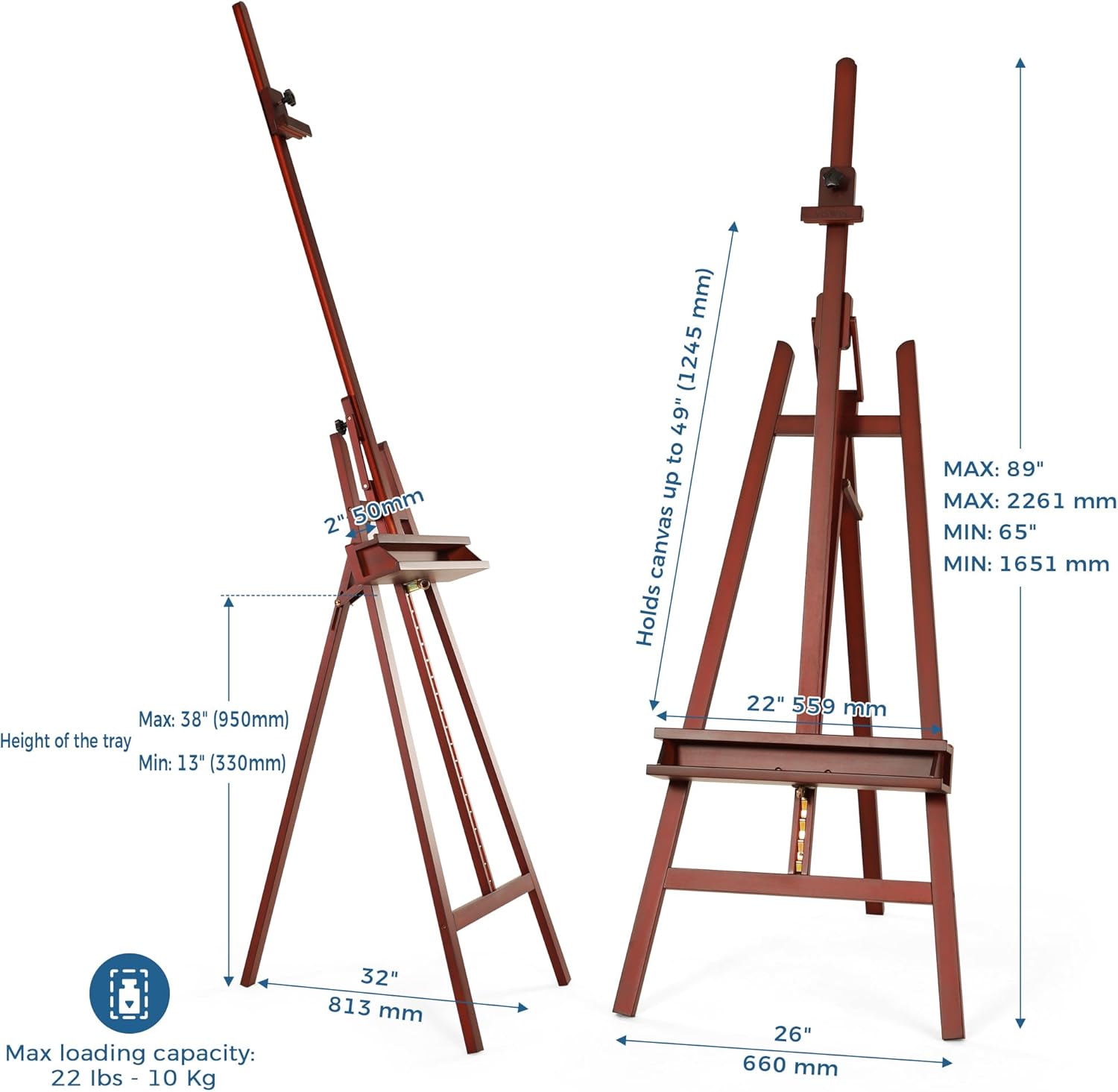 VISWIN Inclinable A-Frame Easel for Painting & Display, Adjustable 65"-89" H, Holds Canvas up to 49", Beech Wood Easel Stand with Storage Tray, Large Art Easel for Adults, Artists, Beginners - Walnut