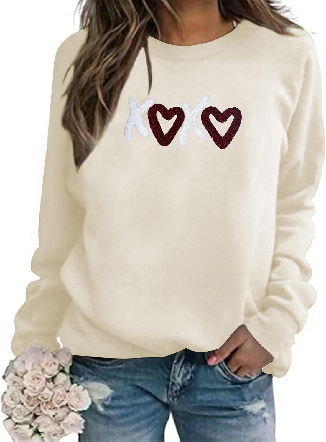 Valentines Day Sweatshirts for Women Love Chenille Heart Embroidered Sweatshirt Valentines Day Gifts Pullover