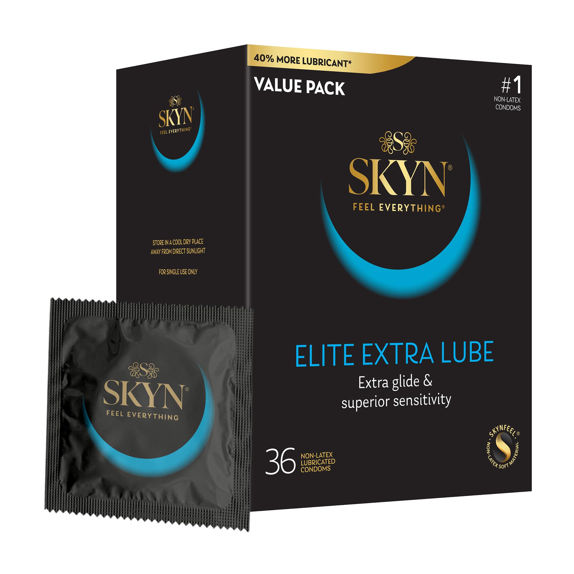 SKYN Elite Extra Lube Condoms – 36 Count – Ultra-Thin, Lubricated Latex-Free Condoms with Extra-Silky Lubricant