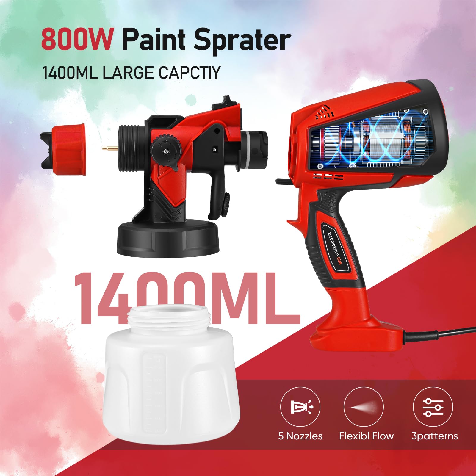 Pistola de Pintura,800W HVLP Pulverizador de Pintura Eléctrico con Recipiente de 1400ml, Flujo Máximo de 1000ml/min,4 Boquillas para la Pulverización y Limpieza del Bricolaje