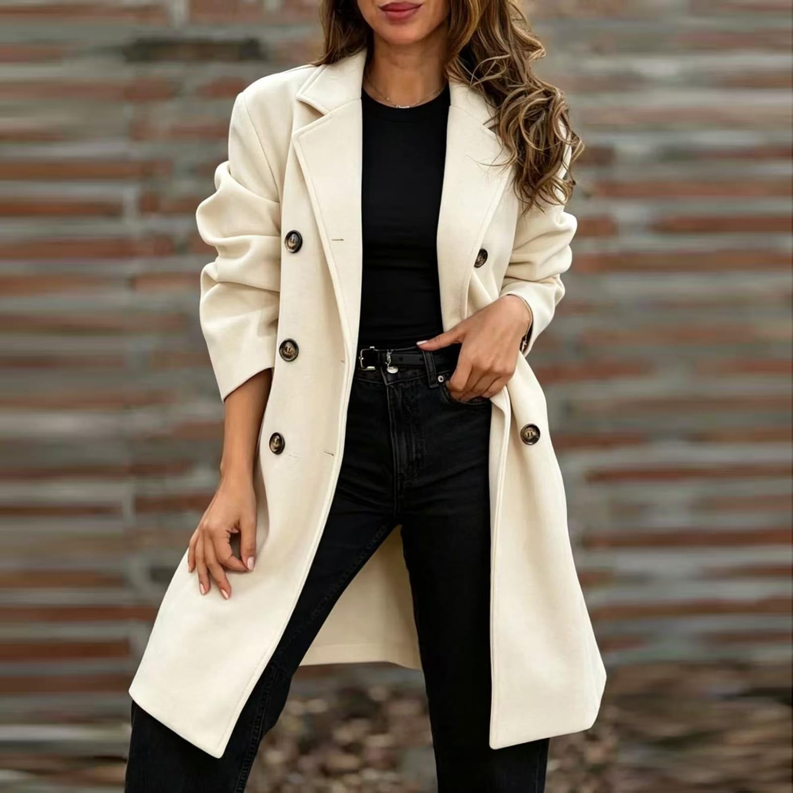 Generisch Wintermantel Damen Elegant Wollmantel Lang Winterjacke Zweireihig