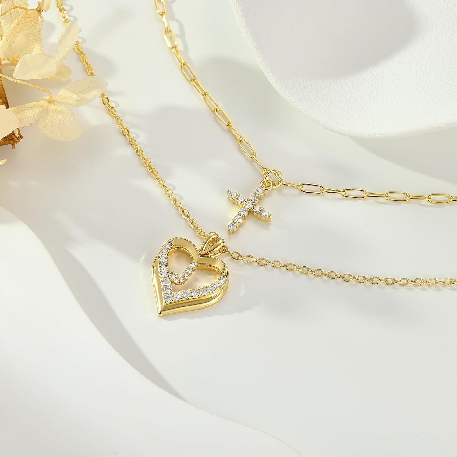 YOVIEE 14K Gold Plated Layering Necklaces,Heart Initial Layered Necklace Cross Pendant Necklace Charm Personalized Stackable Jewelry Gift for Her - Image 5