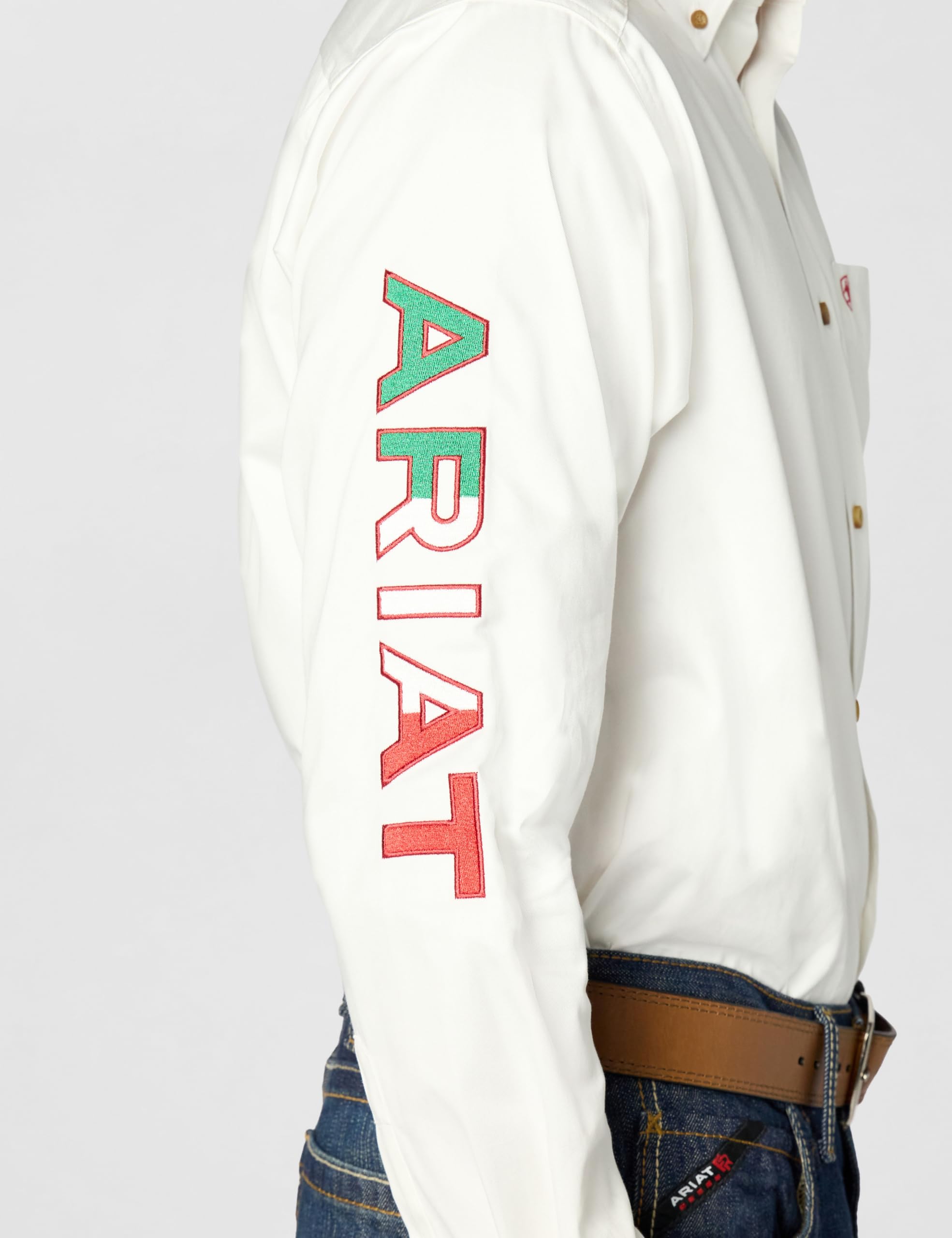 ARIAT Logotipo del Equipo Sarga Clásico Largo Blanco México Camisa Abotonada Hombre