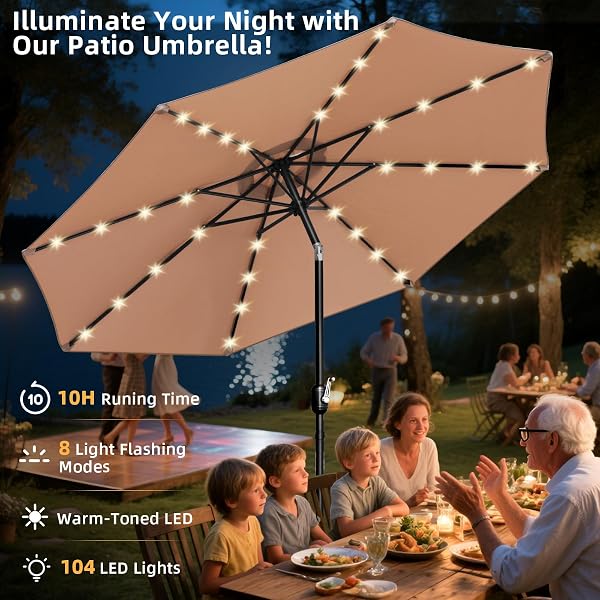 Banspol 10ft Patio Umbrella, Table Market Umbrella Outdoor Patio with 104 LED Lights 8 Sturdy Ribs & Push Button Tilt an