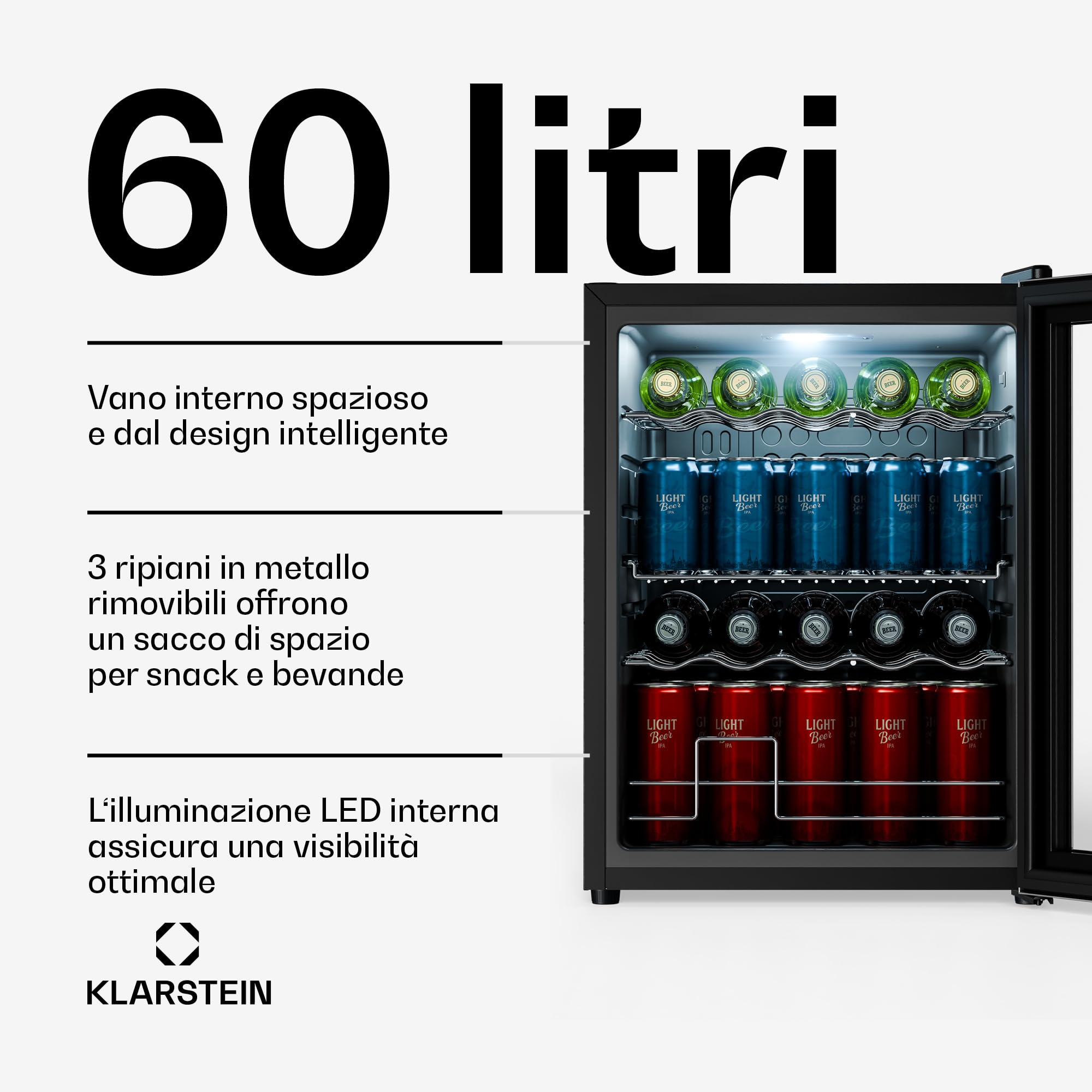 KLARSTEIN Frigo Vetrina Bibite 60L - Porta in Vetro Doppio Isolamento, LED, 0-13°C, 3 Ripiani Regolabili, Frigorifero Vetrina Bibite, Temperatura Precisa, Design Moderno