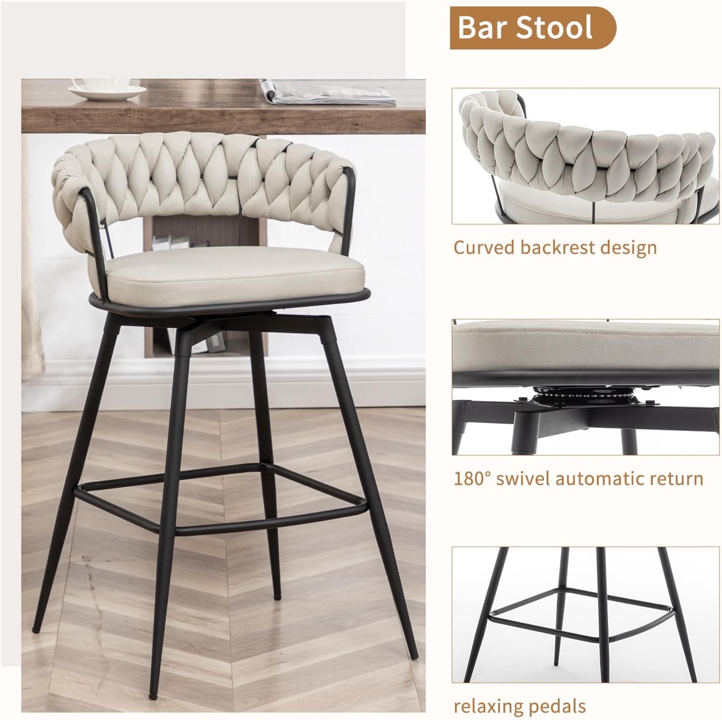 Canxkun Counter Height Bar Stools Set of 2, 26 inch Modern Bar Chairs with Woven Back, 360° Swivel Bar Stools for Kitchen Island, Cafe, Bar Counter (Beige)