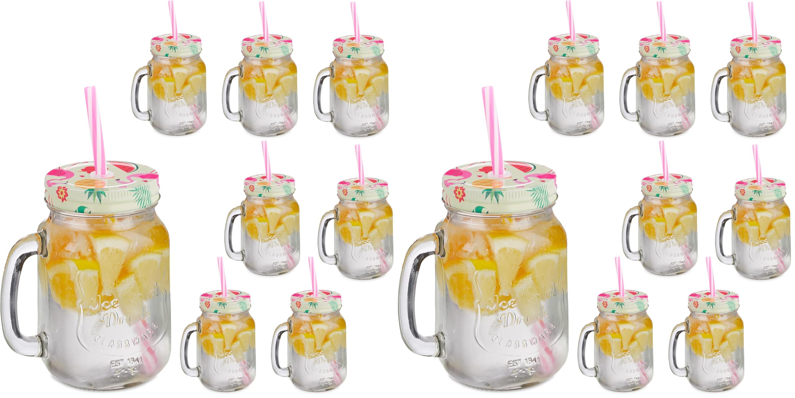 Relaxdays Trinkgläser mit Deckel und Strohhalm, 8er Set Limonadengläser, 500 ml, Retro Sommergläser mit Henkel, bunt (Packung mit 2)