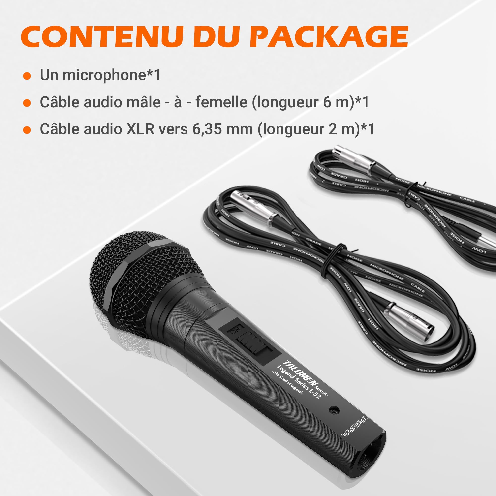 talomen Micro Dynamique Filaire Cardioïde – Micro Chant de Studio à Main avec Câbles XLR 6 m et 2 m, pour DJ, Karaoké, Haut-Parleur PA, Ampli, Voix, Scène et Extérieur – L52 Noir