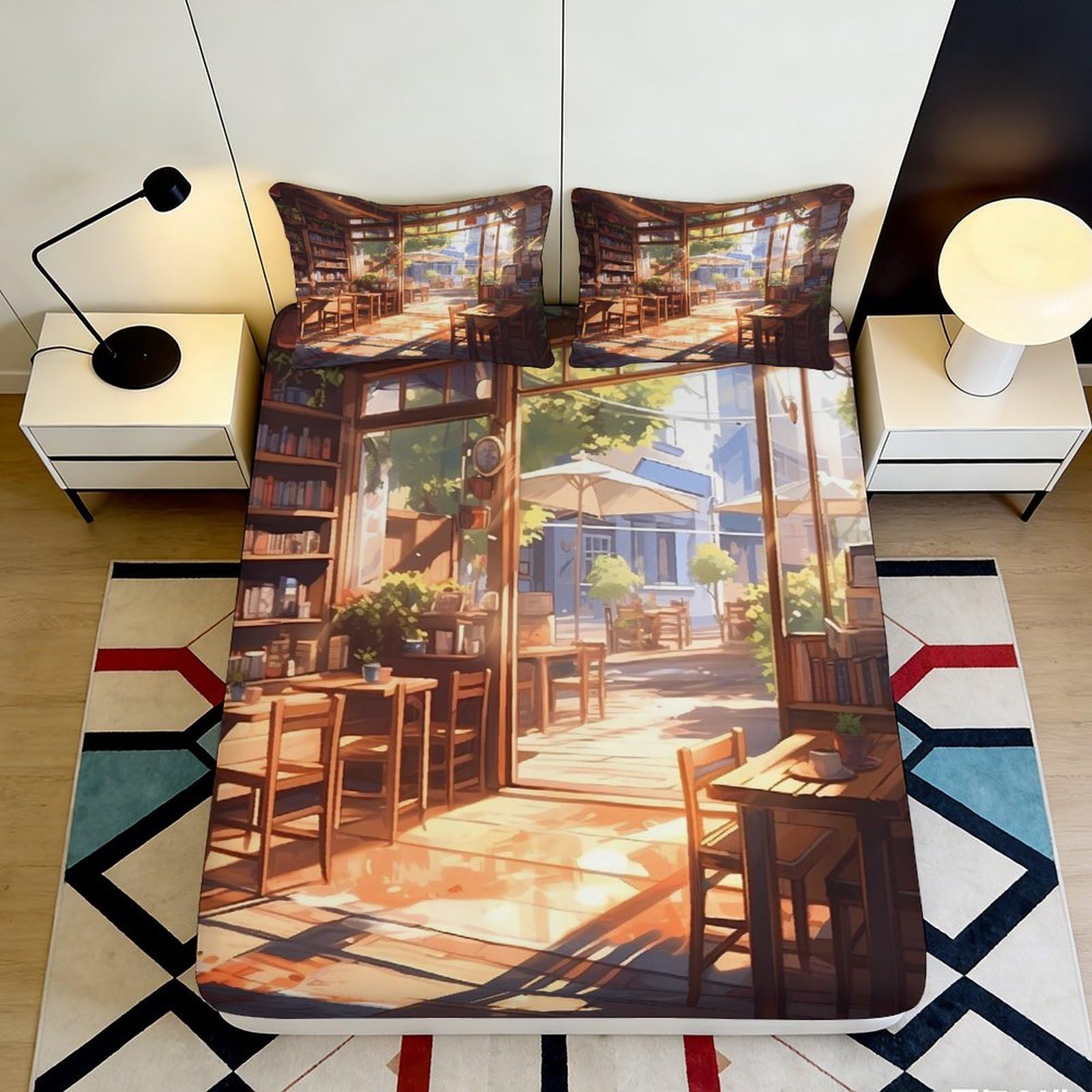 3D Printed Sunlit Cafe Fitted Sheet Microfiber Soft Breathable Courtyard Mattress Cover Bedroom Decor 90x200x25cm