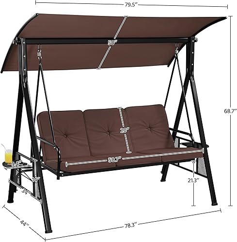 Miniatura 7 de Yaheetech Silla de columpio para exteriores de 3 asientos, columpio de estructura de acero resistente a la intemperie para jardín, piscina, balcón,