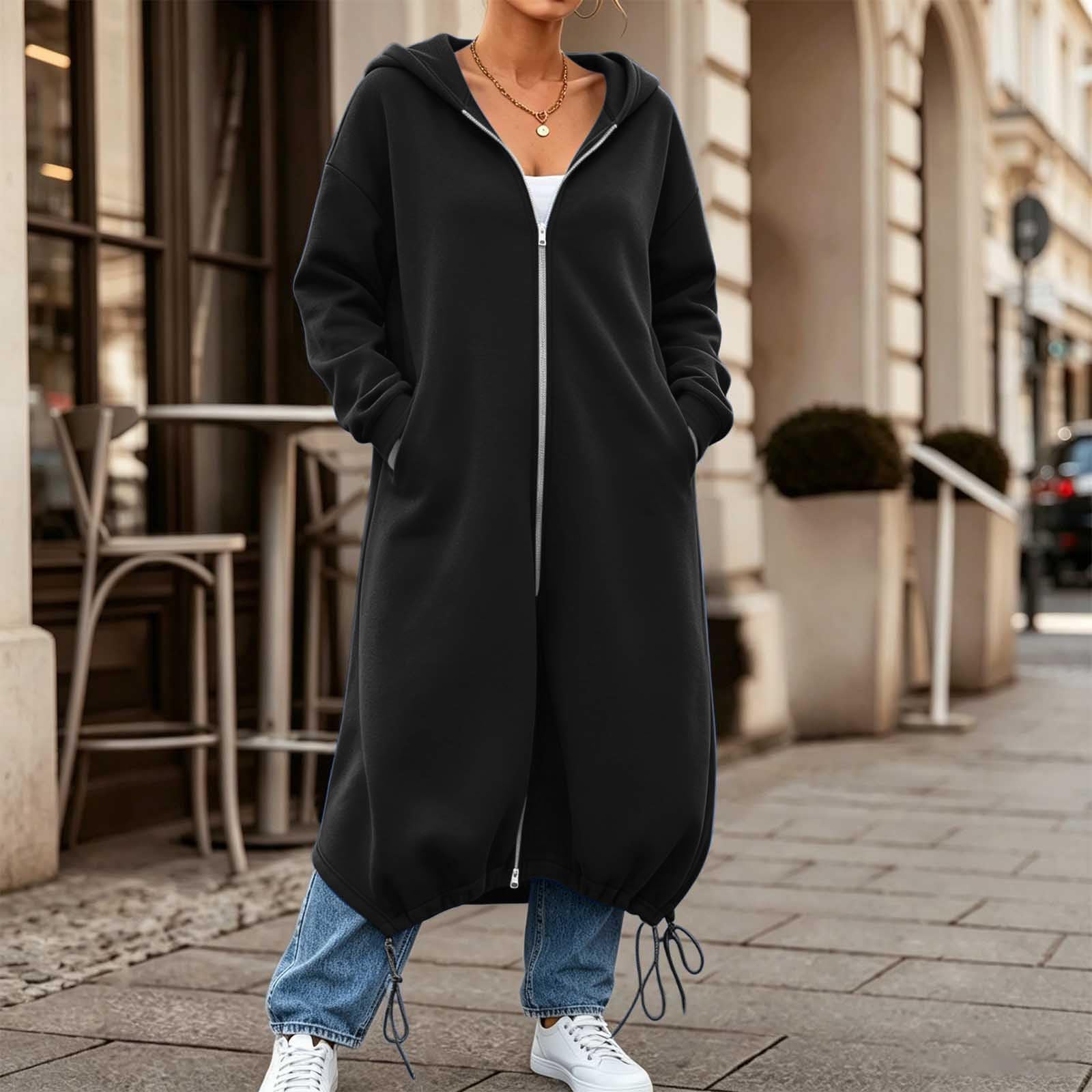Generico Felpe con Cappuccio da Donna con Zip Oversize A Tunica Lunga | Felpe Casual A Maniche Lunghe Sweatshirt Autunno Inverno Giacca Con Cappuccio Cappotto Da Indossare Tutti I Giorni