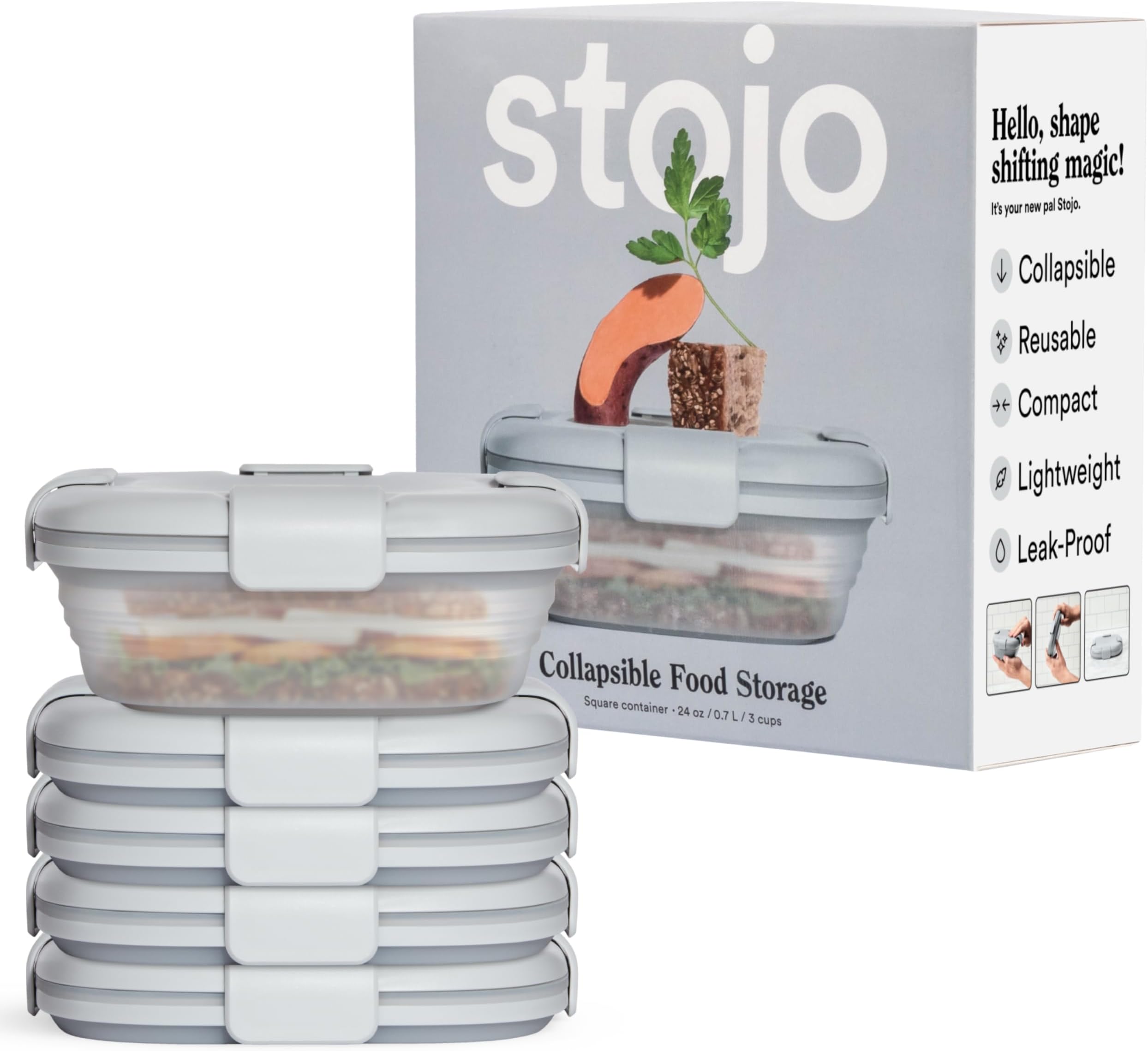 STOJO Collapsible Sandwich Box – 24oz, Reusable Food Storage Container, Silicone Bowl for Hot/Cold Food – Meal Prep, Lunch, Camping, Hiking – Dishwasher Safe (Translucent Cashmere, Set of 5)