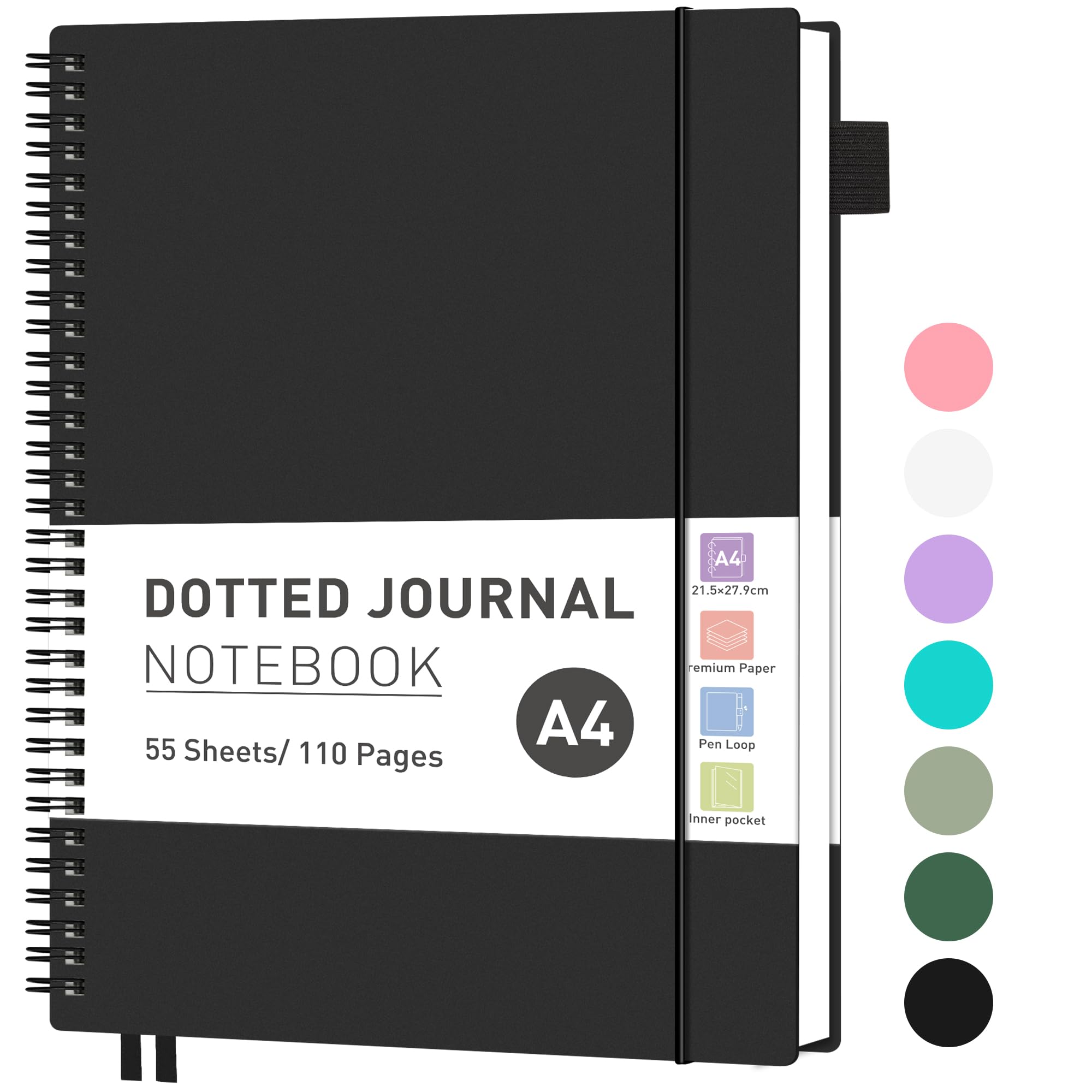 RETTACY A4 Notebook Bullet Dot Journal, Grid Dotted Notebook 110Pages /55 Sheets for Writing,Notepad with PVC Pocket