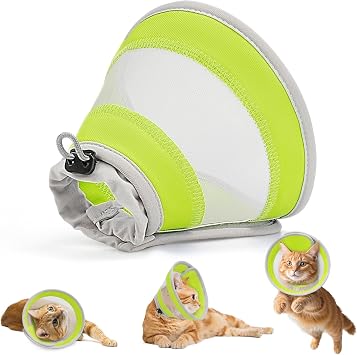 Breathable Air Mesh Cat Cone Collar Soft to Stop Licking, Adjustable, Foldable Lightweight Kitten Cones After Surgery Recovery for Cats & Kittens Yellow Green, S