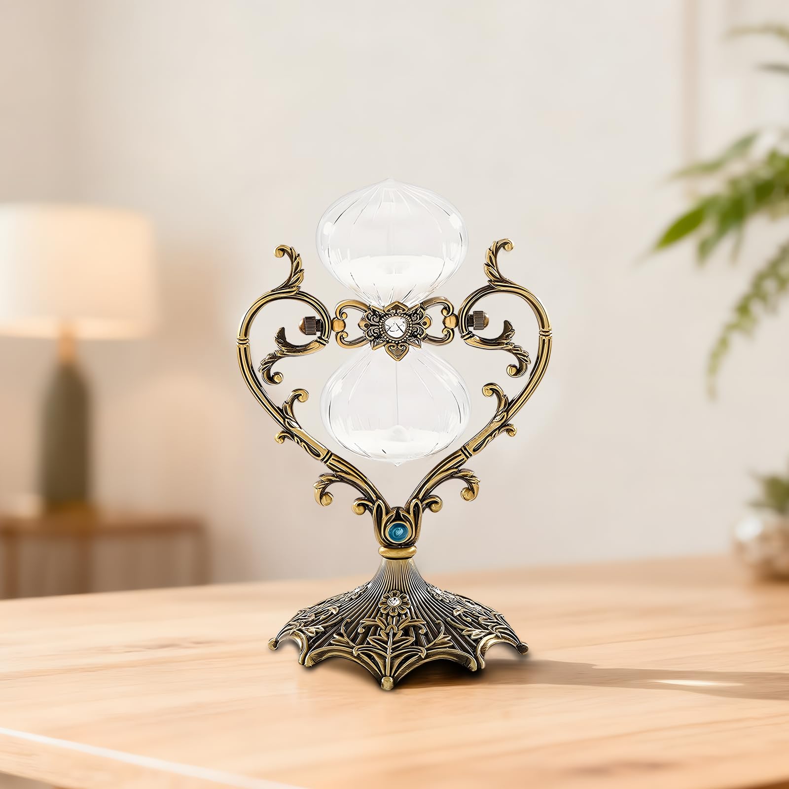 Timer piaskowy w kształcie klepsydry, 60-minutowy timer w kształcie serca z białym piaskiem, antyczna metalowa rama z brązu, 10.6 x 6.5 in / 27 x 16,5 cm, dekoracyjny mosiężny zegarek z piaskiem do