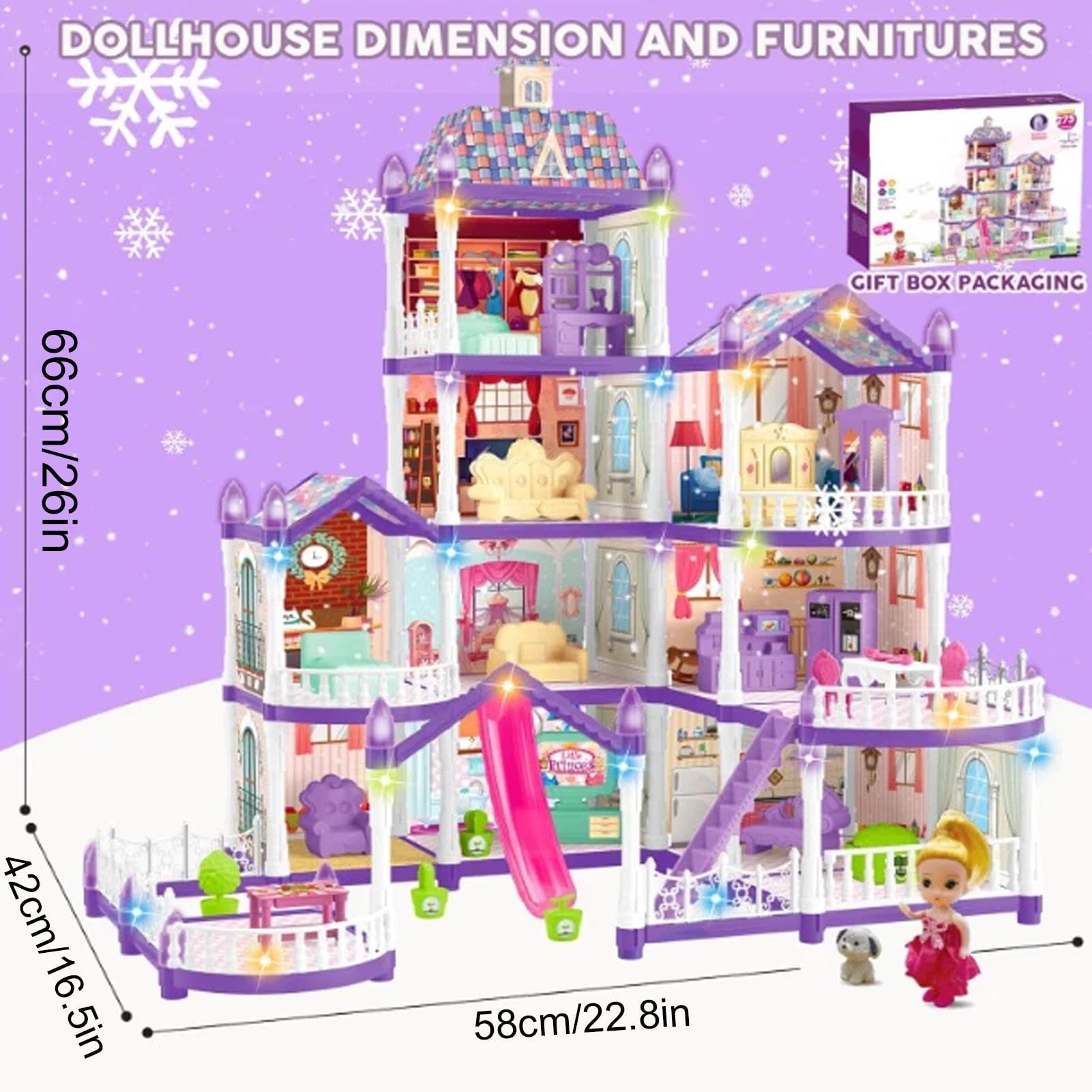 Domek z miniaturowej willi do montażu 4 piętra 13 sztuk | Willa z 3 księżniczkami, 2 szczeniakami i akcesoriami meblowymi dla dziewczynek 4-6 lat imitacji wnętrz