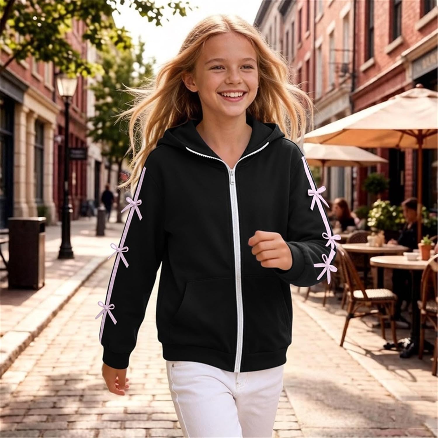 Girls Oversized Full Zip Hoodie Casual Long Sleeve Sweatshirts Cute Bow Jackets with Pockets Fall Clothes